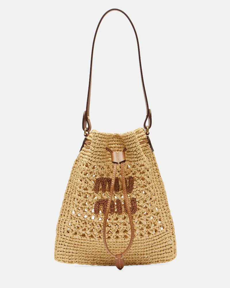 Miu Miu Bucket-Bag aus Raffiabast Nude