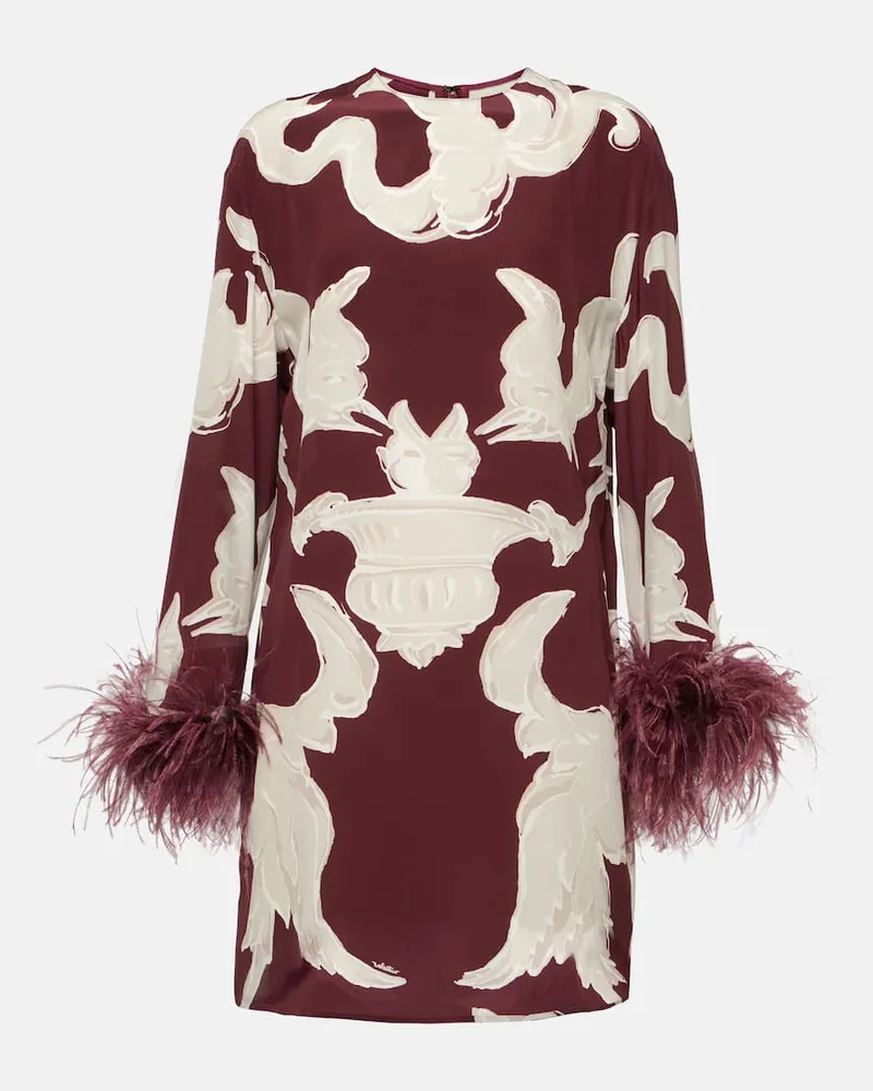 Valentino Garavani Minikleid aus Seide mit Federn Burgunderrot