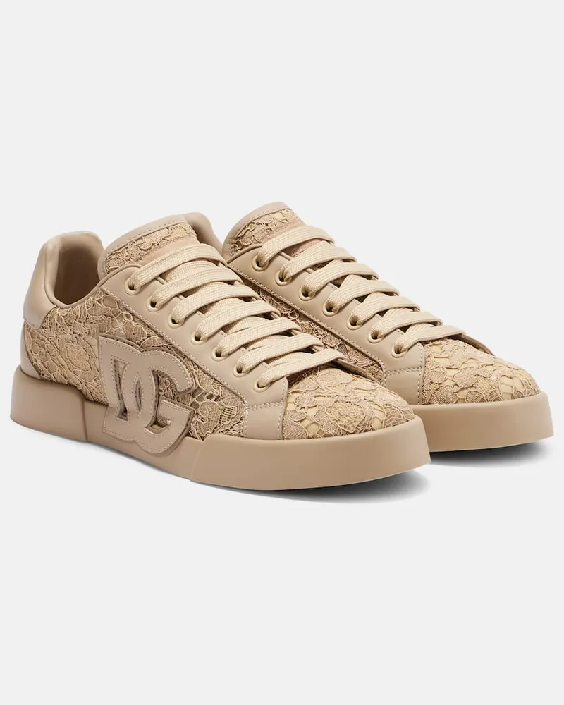 Dolce & Gabbana Sneakers Portofino aus Leder mit Spitze Beige