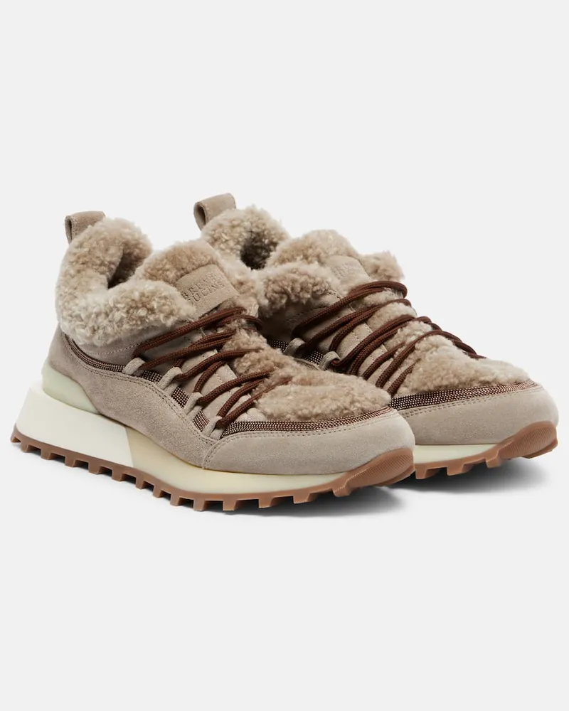 Brunello Cucinelli Sneakers aus Veloursleder mit Shearling Beige