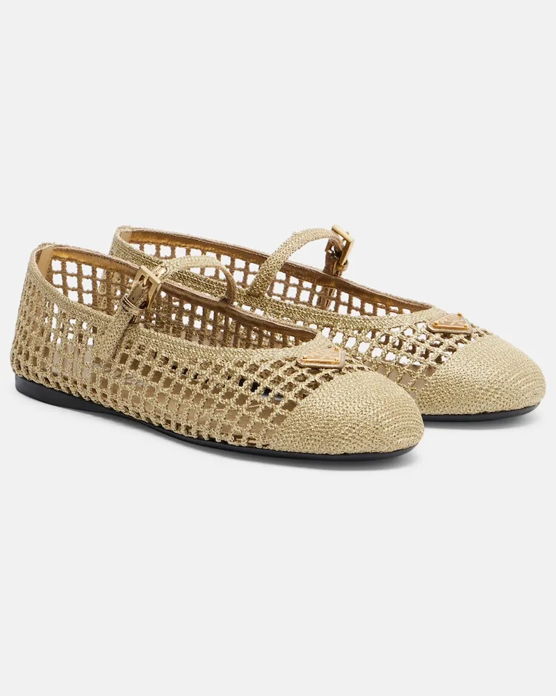 Prada Mary-Jane-Ballerinas aus Häkelstrick Gold