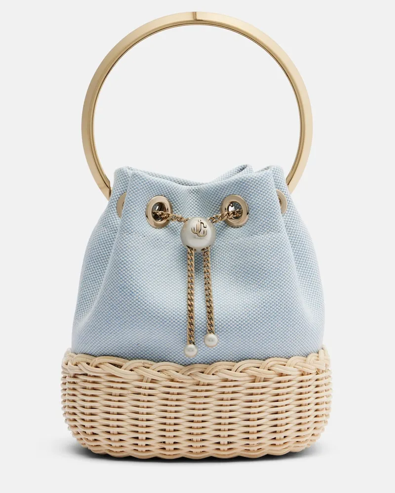 Jimmy Choo Bucket Bag Bon Bon Small aus Canvas mit Zierperlen Blau