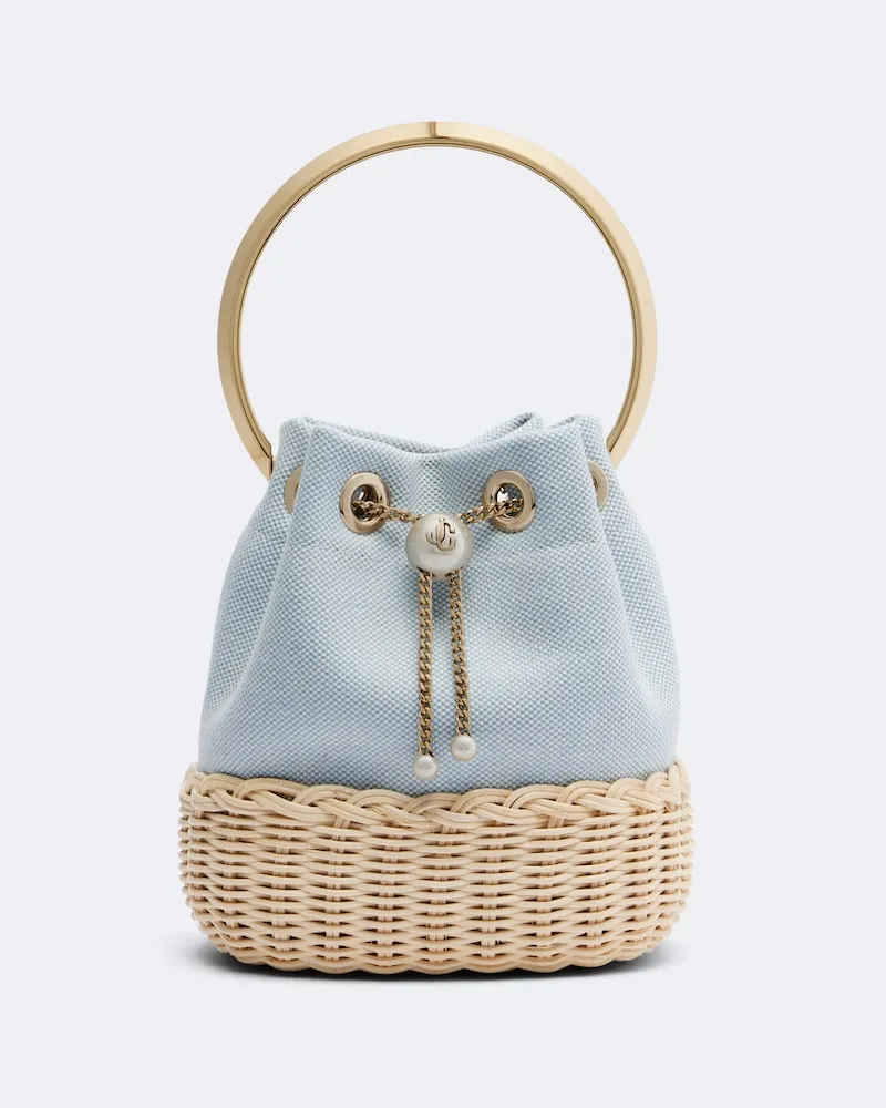 Jimmy Choo Bucket Bag Bon Bon aus Canvas mit Zierperlen Blau