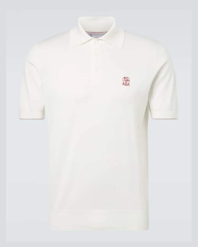 Brunello Cucinelli Besticktes Polohemd aus Baumwoll-Piqué Weiß