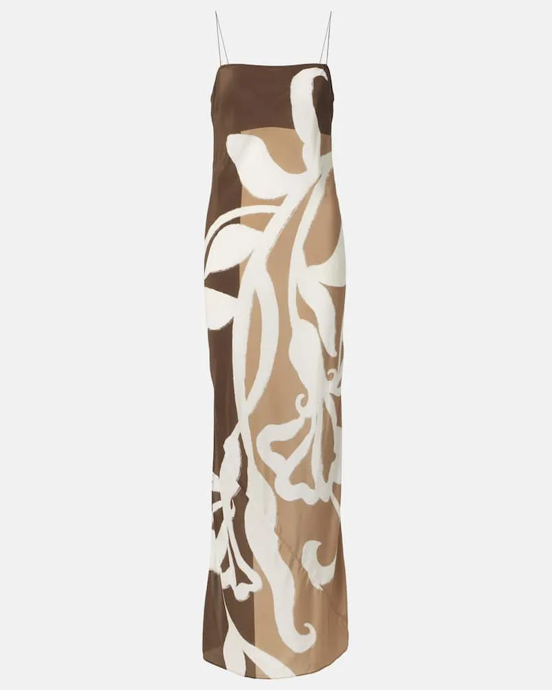 SIR Bedrucktes Maxikleid aus Seidensatin Braun