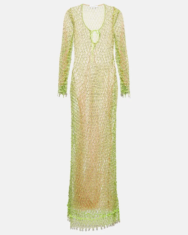 Self-Portrait Verziertes Maxikleid aus Mesh Grün