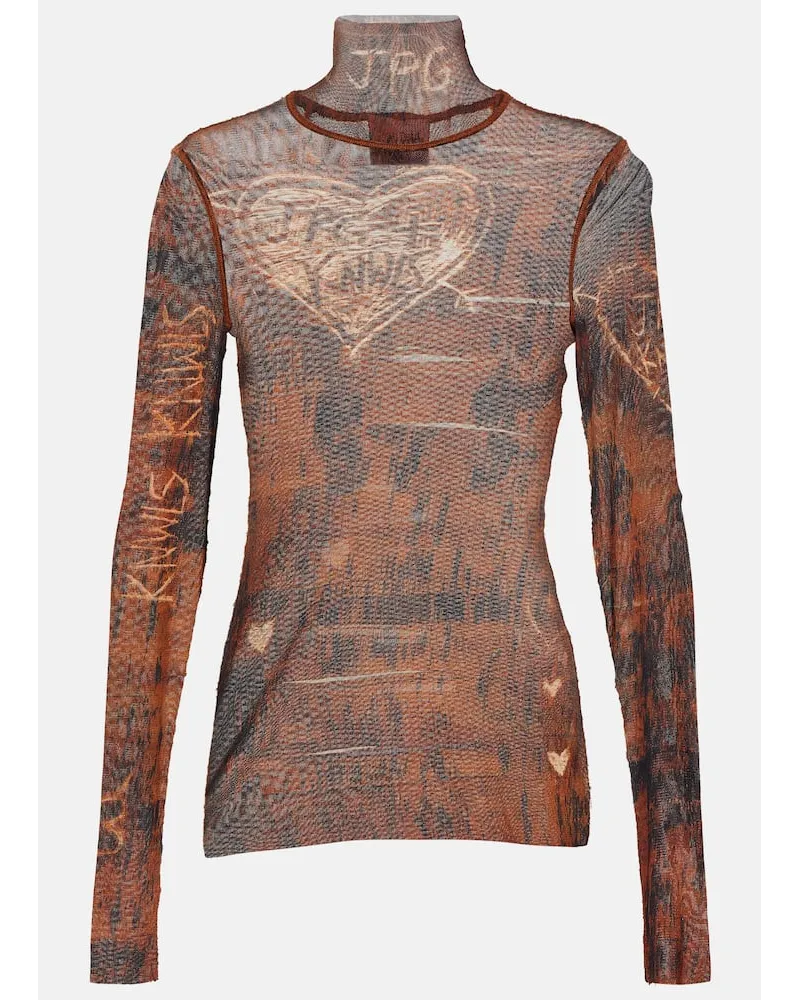 Jean Paul Gaultier X KNWLS Bedrucktes Top aus Mesh Braun