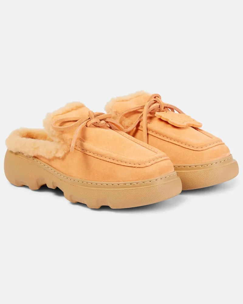Burberry Slippers Stony aus Veloursleder mit Faux Fur Rosa