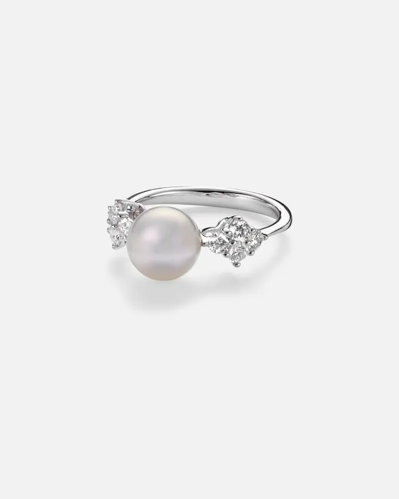 Mikimoto Ring aus 18kt Weißgold mit Diamanten und Akoyaperle Silber