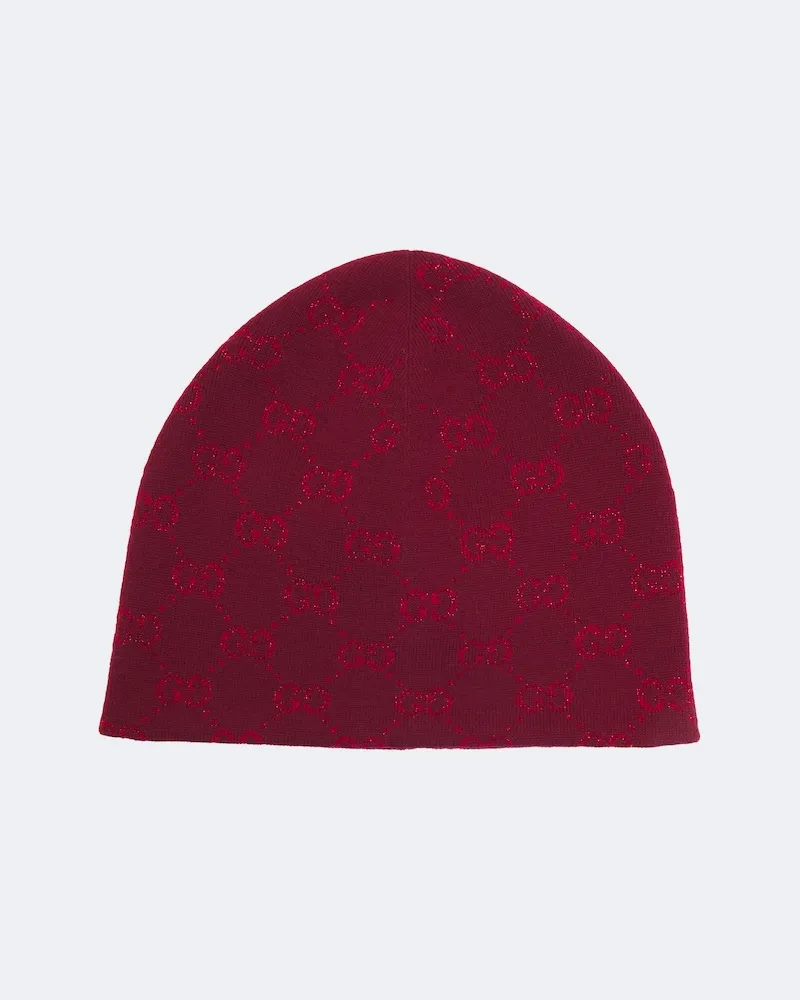 Gucci Mütze GG aus Lamé und Jacquard-Strick Rot