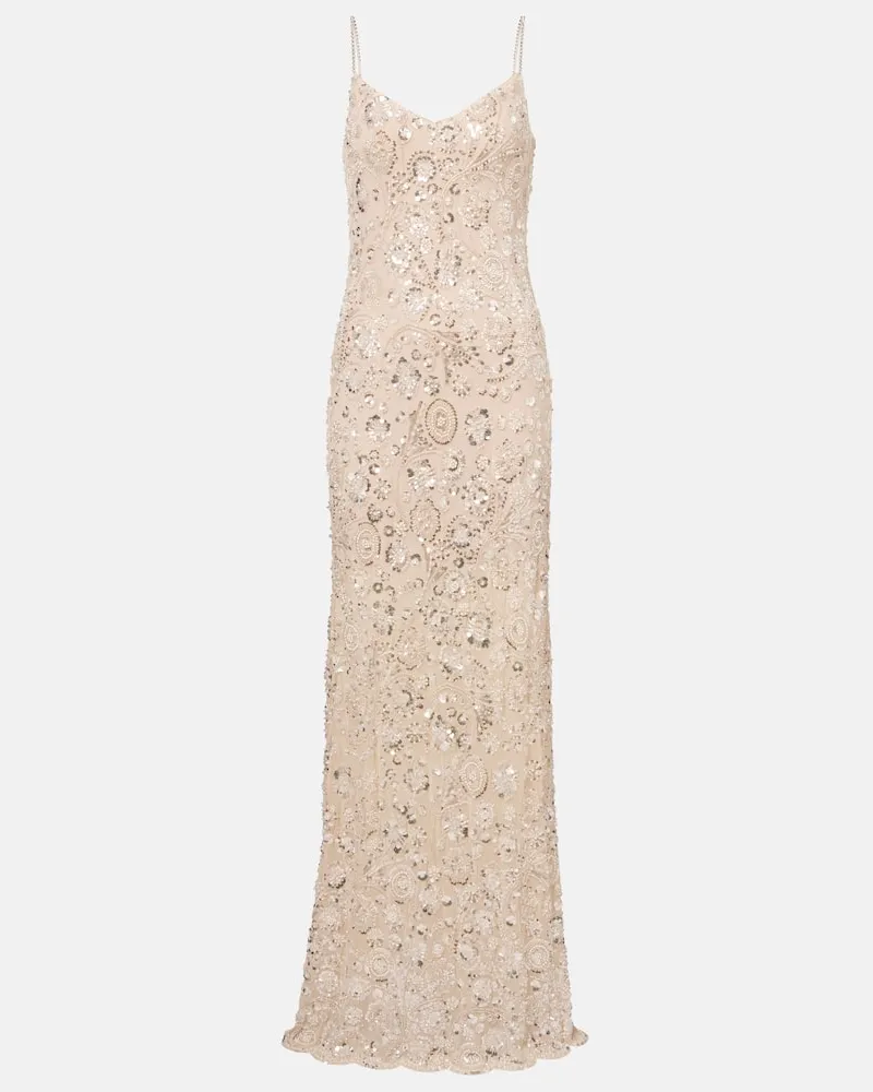 Self-Portrait Maxikleid mit Pailletten und Kristallen Beige