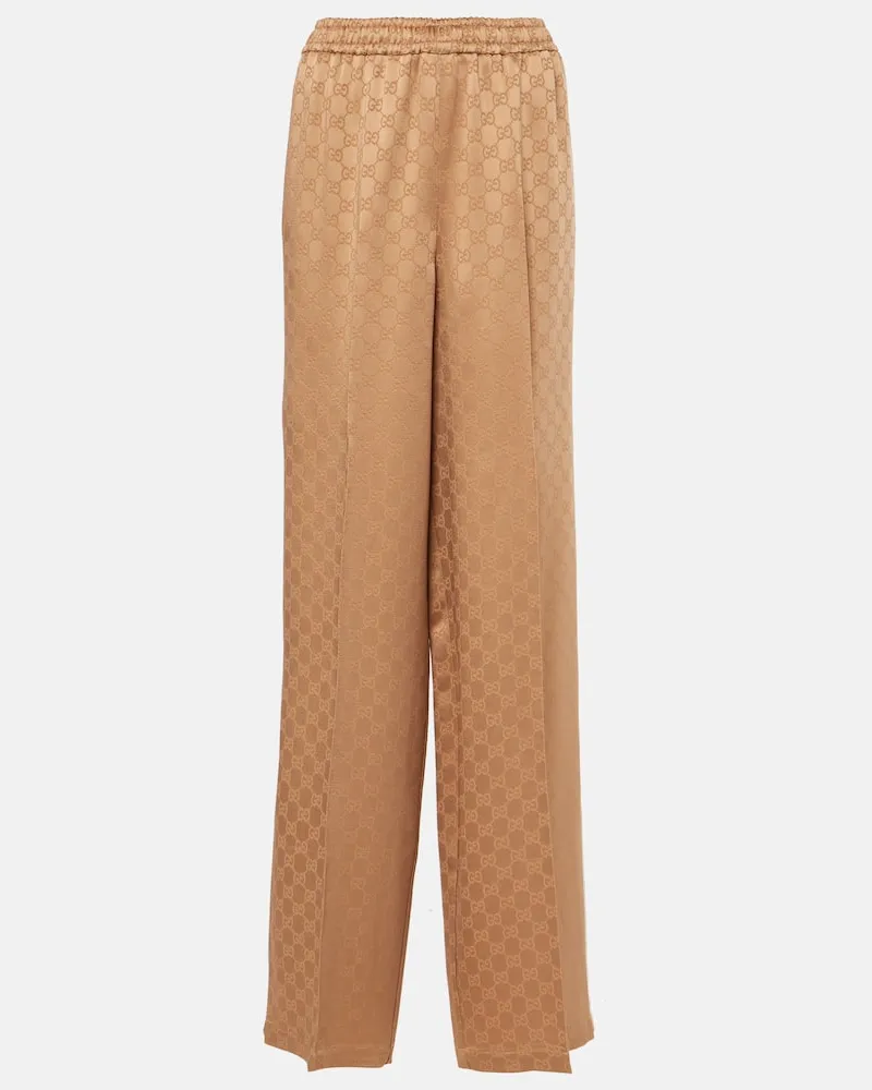 Gucci Weite Hose GG aus Satin-Jacquard Beige