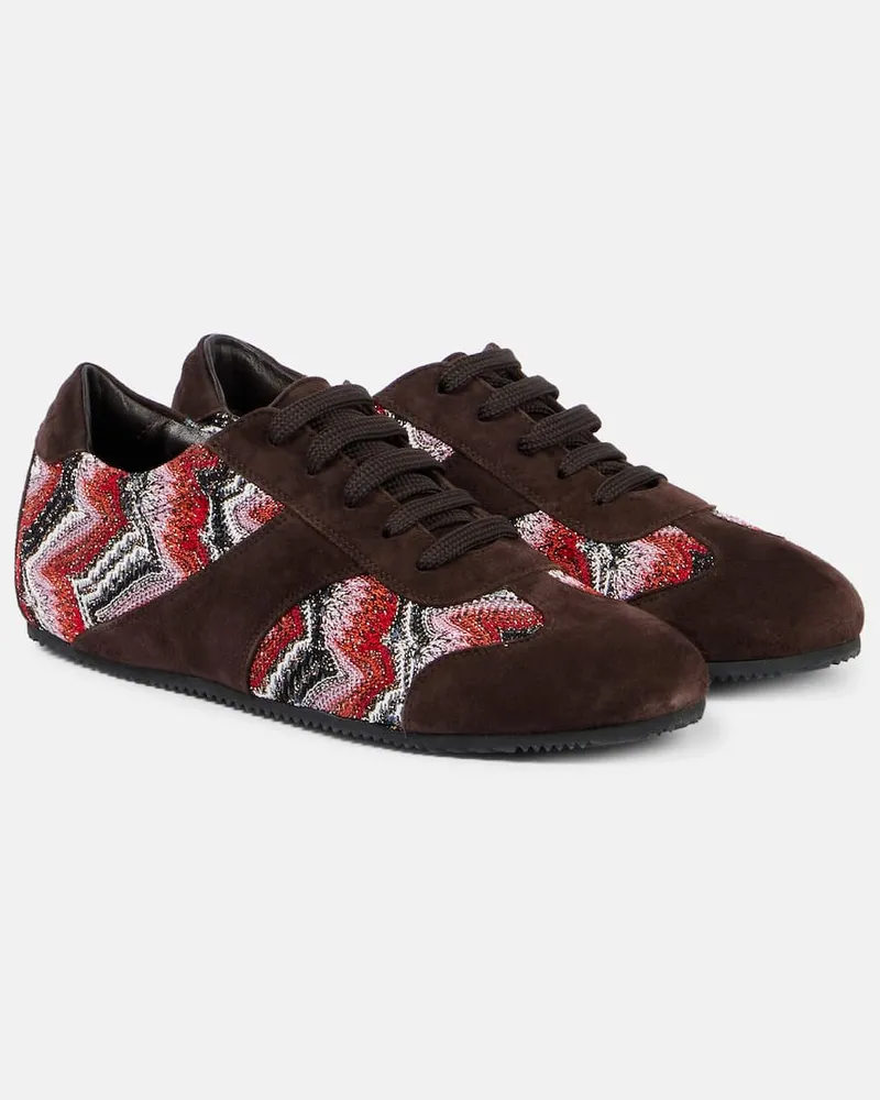 Missoni Sneakers aus Veloursleder mit Häkelstrick Braun