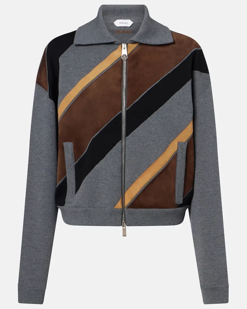 Versace Pullover aus einem Wollgemisch mit Velourslederbesatz Grau