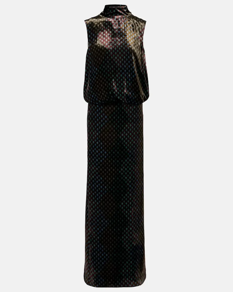 Dries van Noten Bedrucktes Maxikleid aus Satin Grün