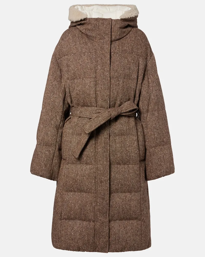 Brunello Cucinelli Daunenmantel aus einem Wollgemisch mit Shearling Braun