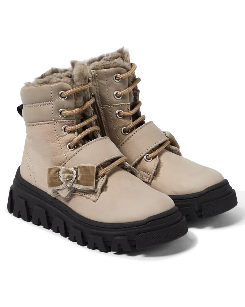 Monnalisa Verzierte Schnürstiefel aus Veloursleder Beige