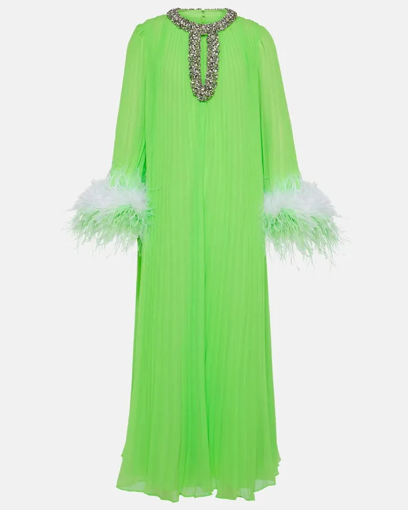 Self-Portrait Robe aus Chiffon mit Federn Grün