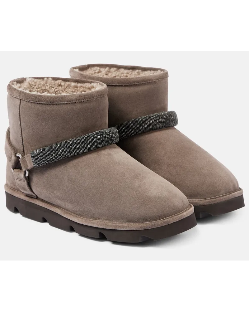 Brunello Cucinelli Verzierte Stiefel aus Veloursleder mit Shearling Grau