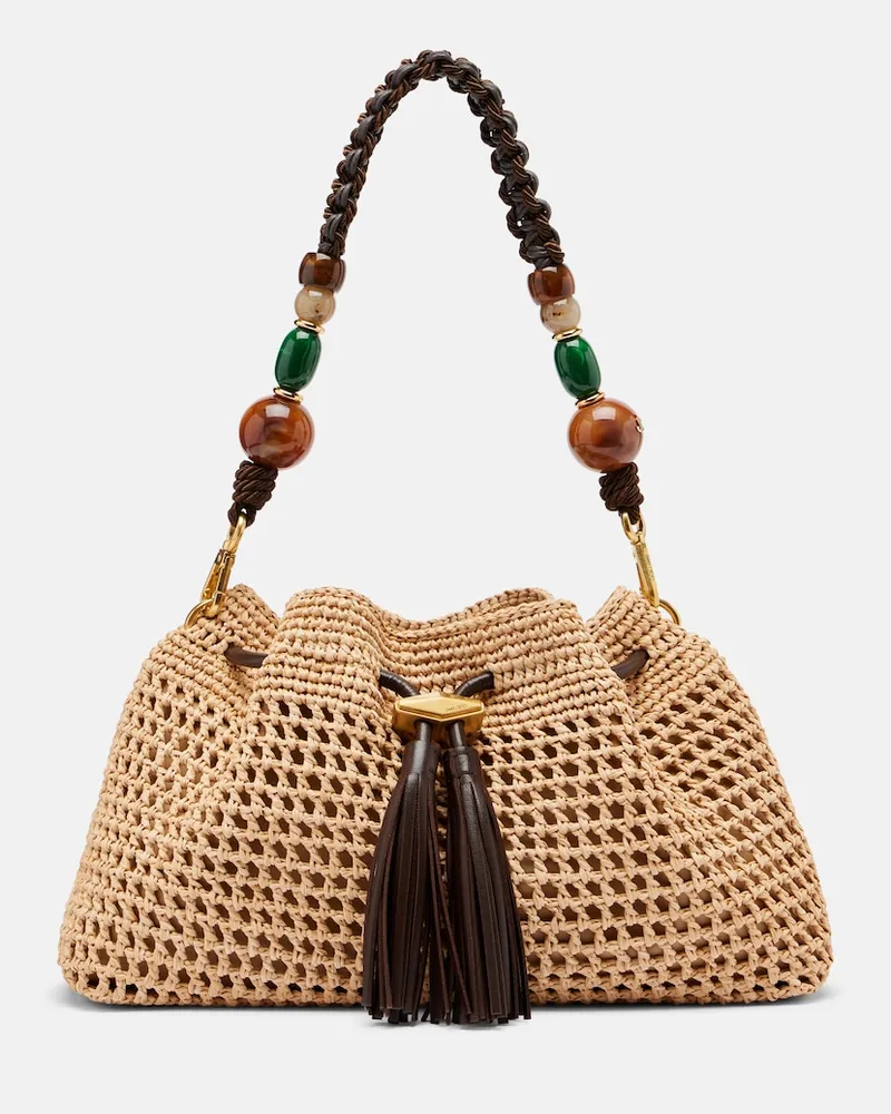 Jimmy Choo Bucket-Bag Bon Bon Medium aus Raffiabast mit Perlen Braun