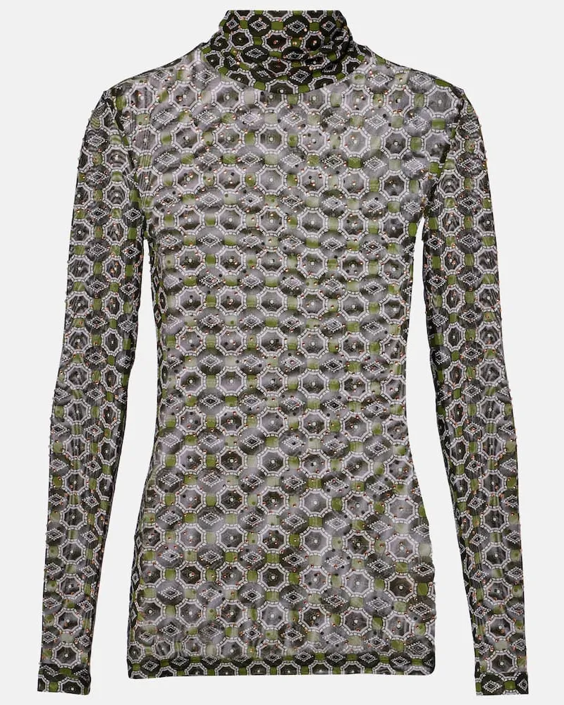 Dries van Noten Bedrucktes Top aus Jersey mit Kristallen Grã¼n