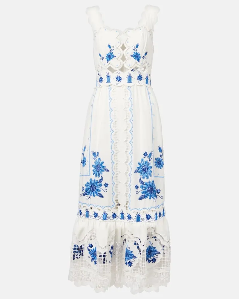 FARM Rio Besticktes Midikleid aus einem Leinengemisch Weiß
