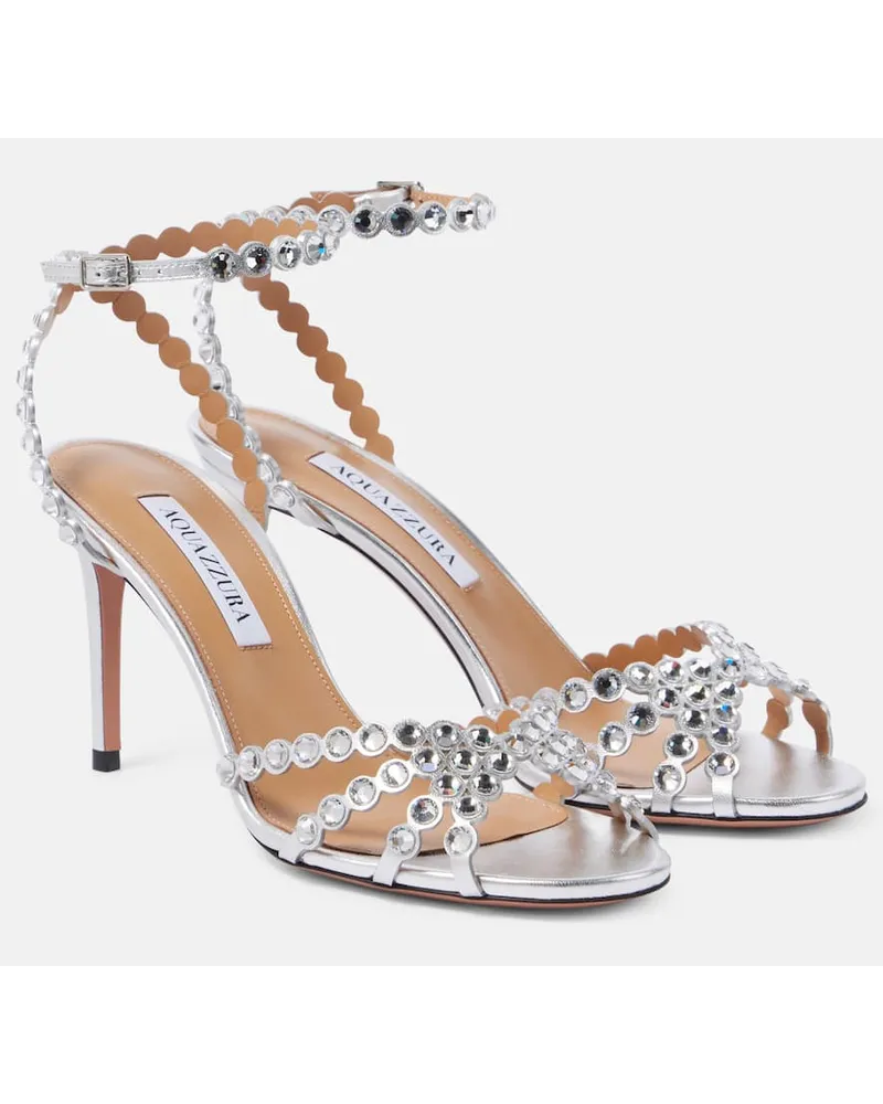 Aquazzura Sandalen Tequila 85 aus Metallic-Leder mit Kristallen Silber