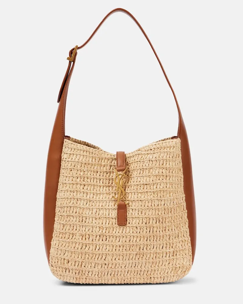 Saint Laurent Schultertasche Le 5 à 7 Small aus Raffiabast Nude