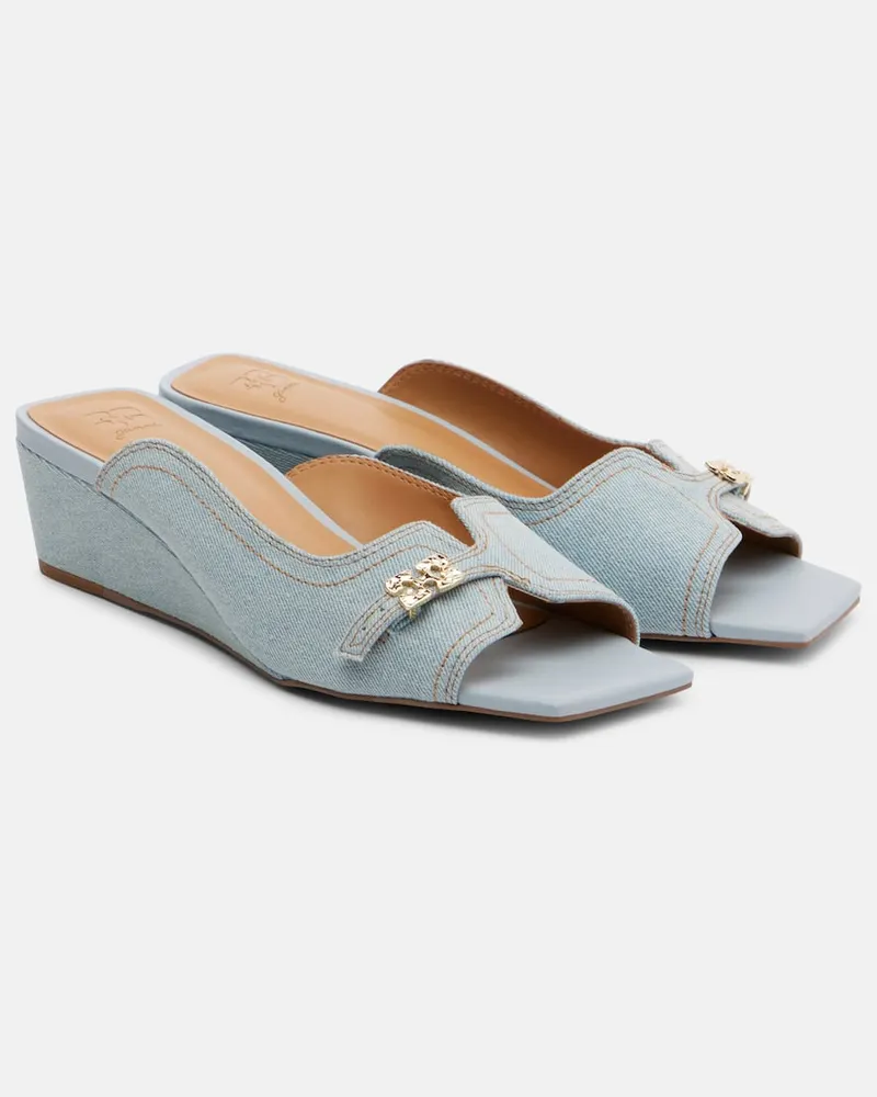 Ganni Wedge-Pantoletten Butterfly aus Leder Blau