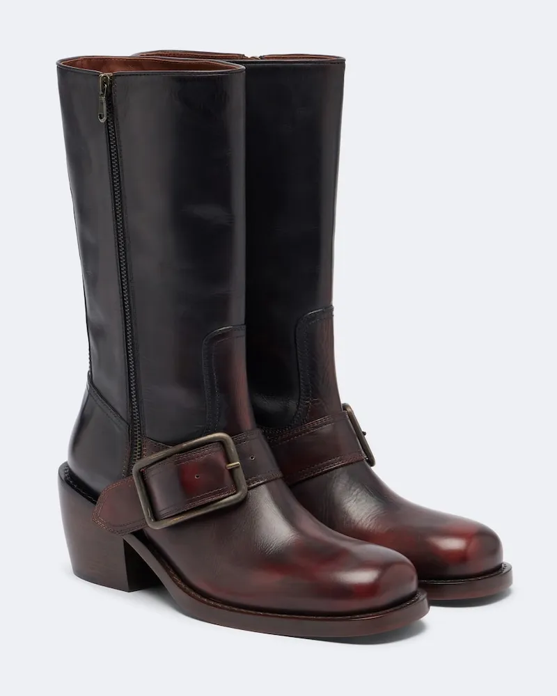 Dries van Noten Biker Boots aus Leder Burgunderrot
