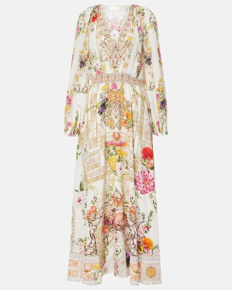 Camilla Bedrucktes Maxikleid aus Seide Weiß