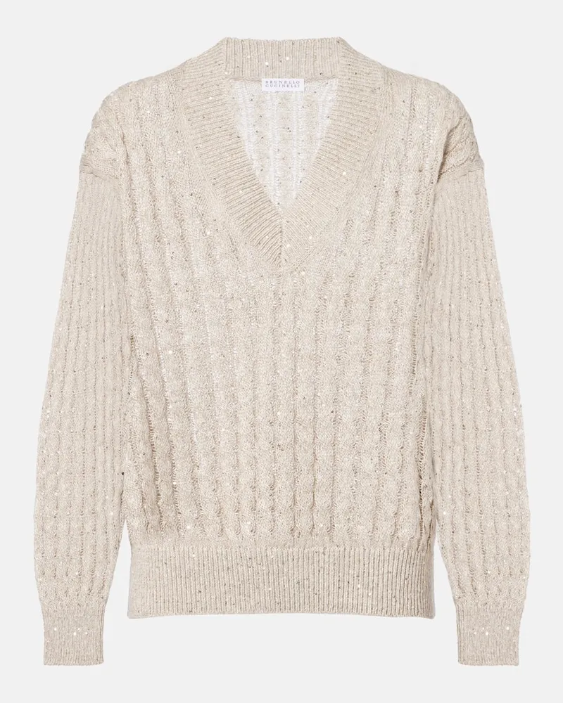 Brunello Cucinelli Pullover aus Leinengemisch mit Pailletten Beige