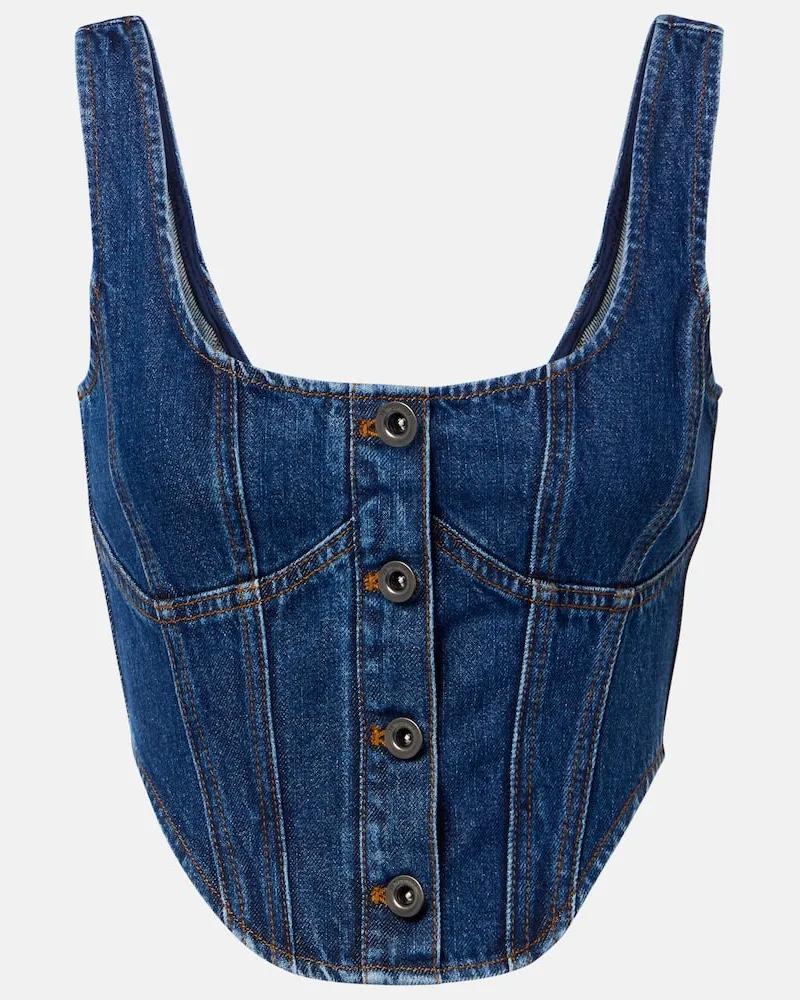 Self-Portrait Cropped-Top aus Denim mit Kristallen Blau