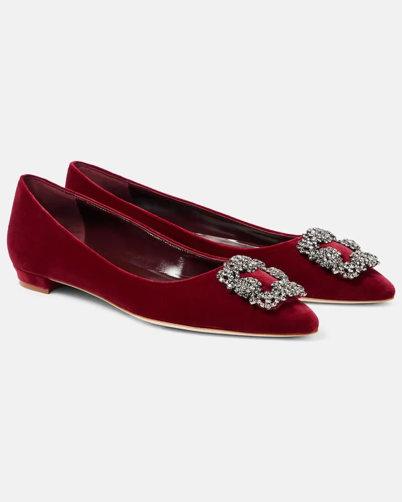 Manolo Blahnik Verzierte Ballerinas Hangisi aus Samt Rot