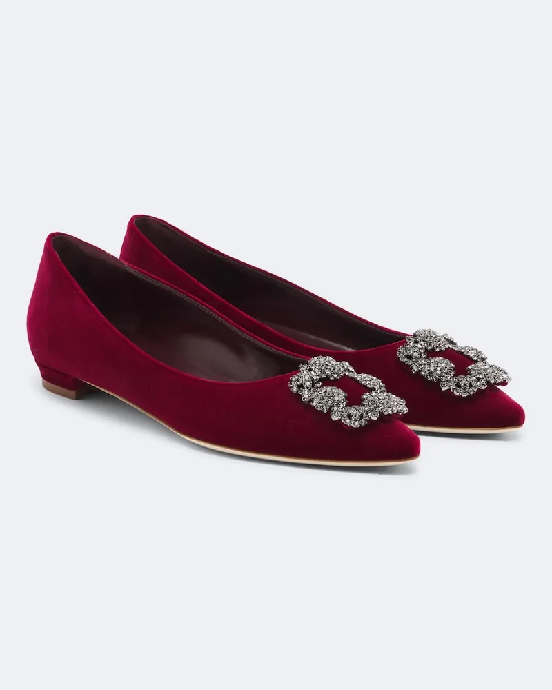 Manolo Blahnik Ballerinas Hangisi aus Samt mit Kristallen Rot