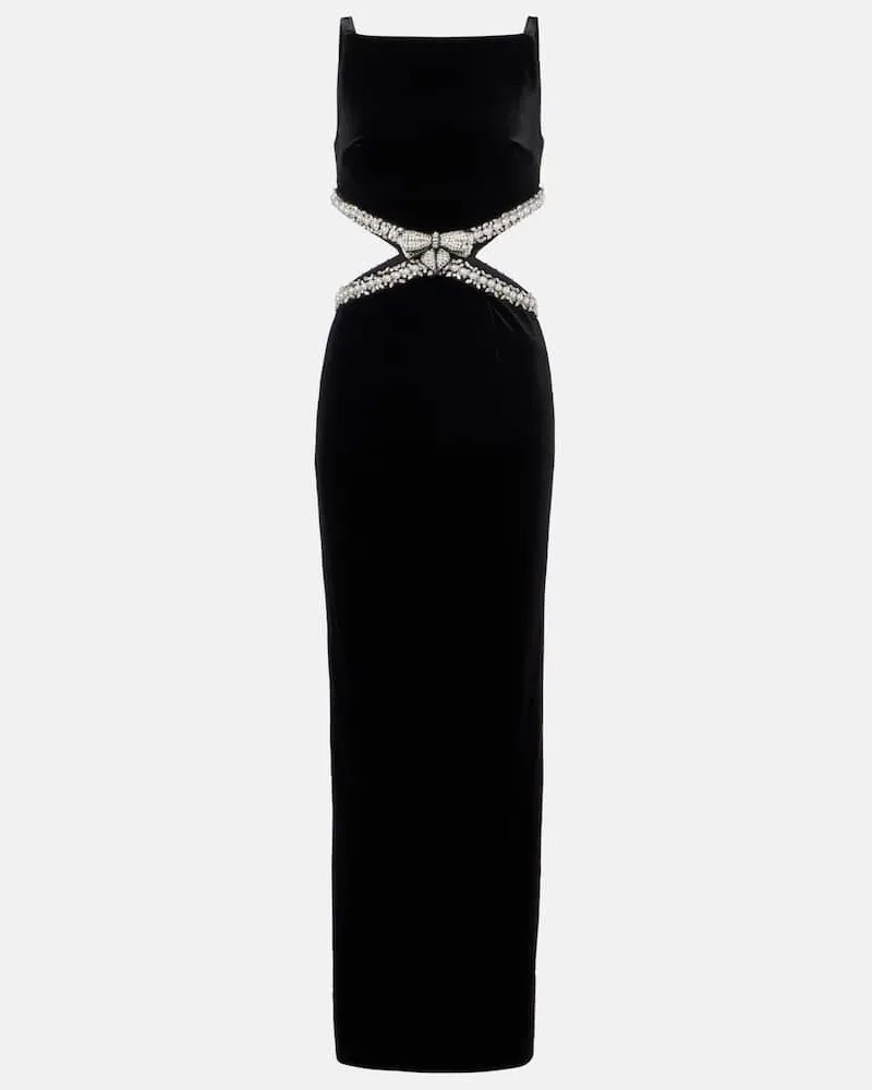 Self-Portrait Verziertes Maxikleid aus Samt Schwarz