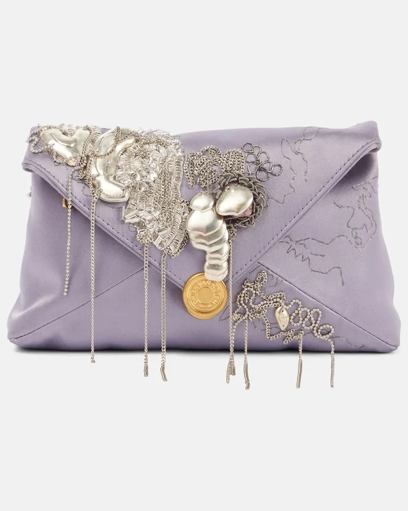Dries van Noten Verzierte Clutch aus Satin Lila
