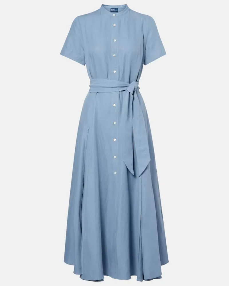 Ralph Lauren Hemdblusenkleid aus Seide, Leinen und Baumwolle Blau