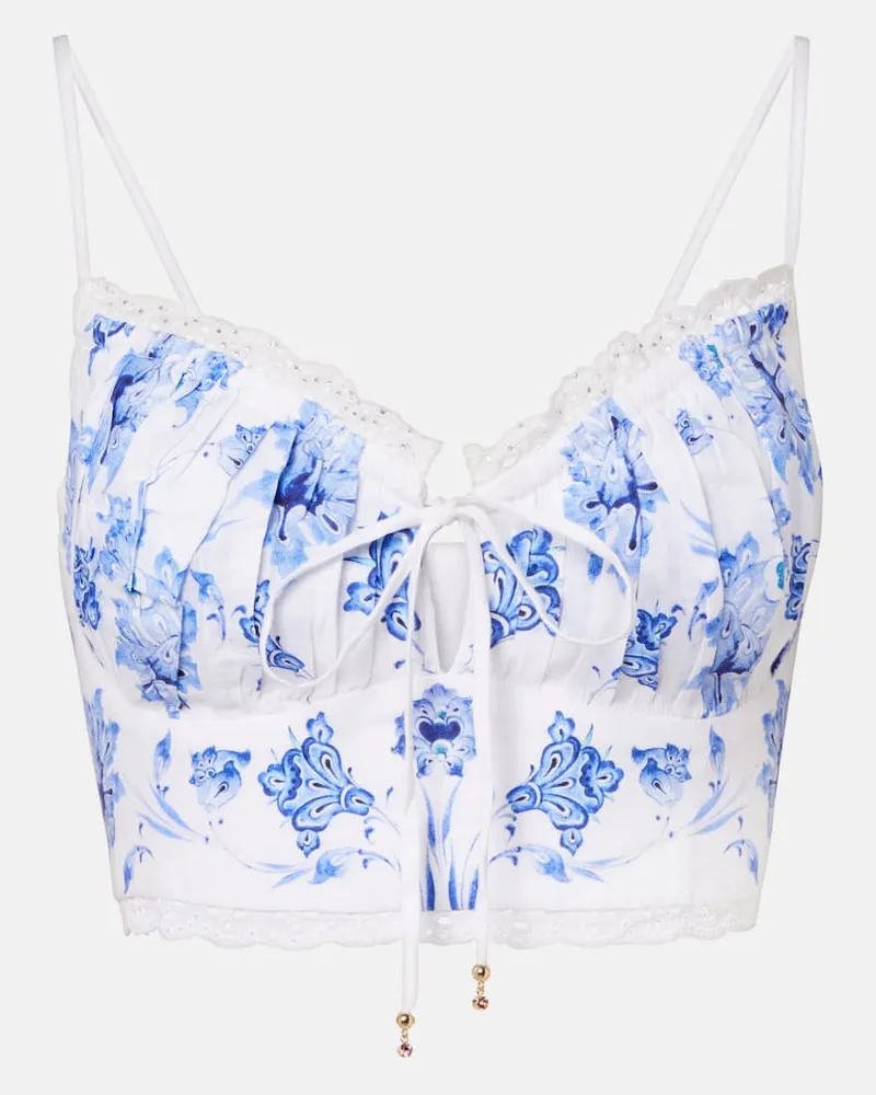 Camilla Bedrucktes Cropped-Top aus Leinen mit Spitze Weiß