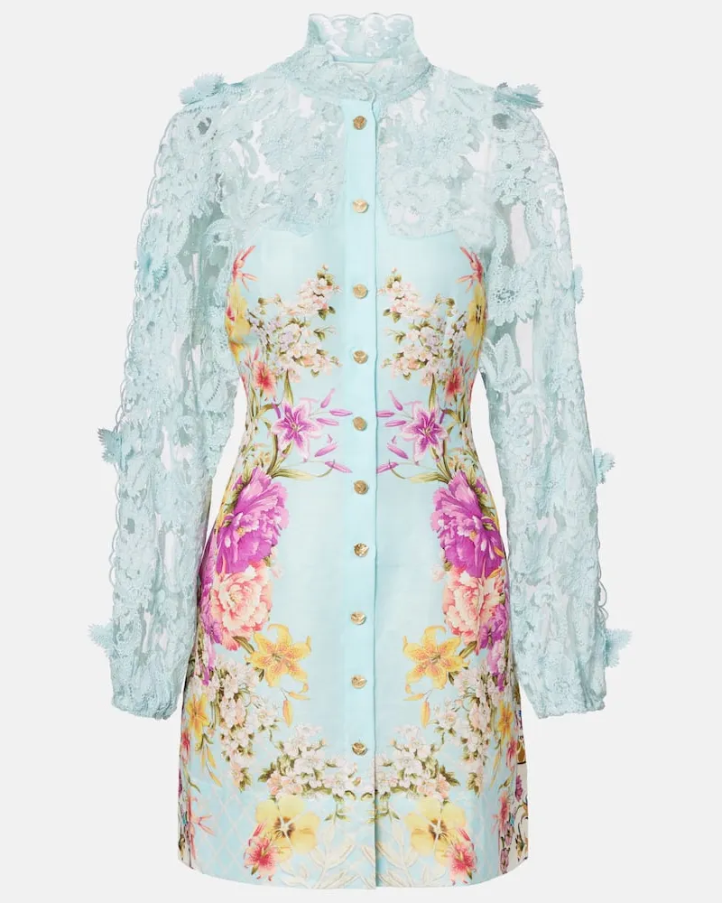 Camilla Minikleid aus Leinen und Seide mit Spitze Blau