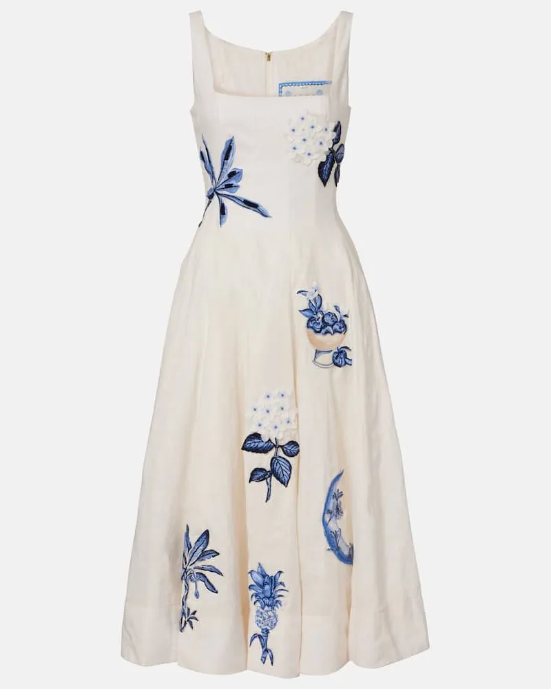 AGUA BENDITA Besticktes Midikleid Frontera Wild aus Leinen Weiß