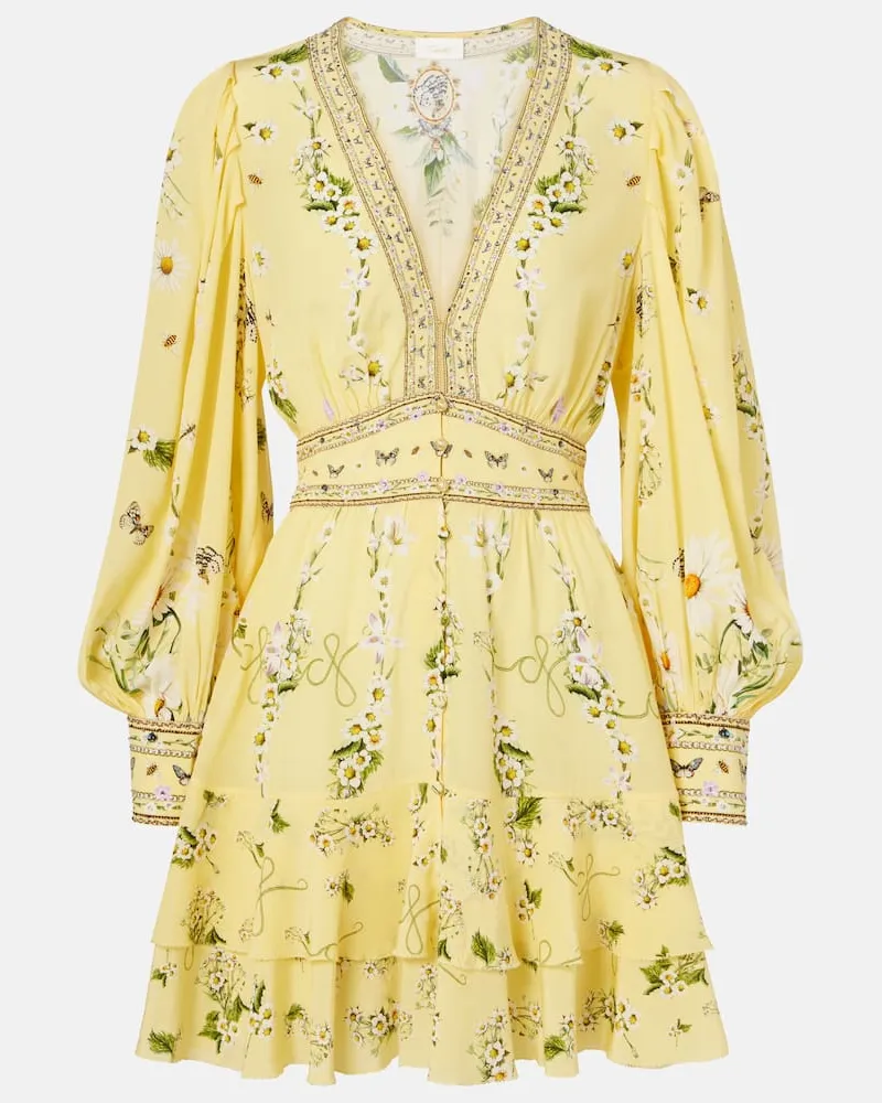Camilla Verziertes Minikleid Daisy Chains aus Seide Gelb