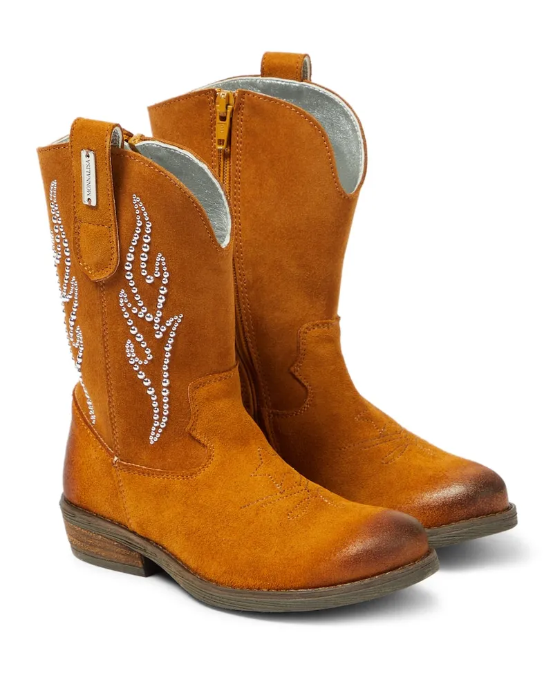 Monnalisa Verzierte Westernstiefel aus Veloursleder Braun