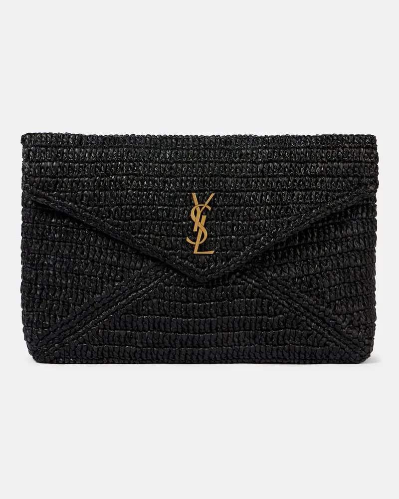 Saint Laurent Clutch Cassandre Large aus Raffiabast Schwarz