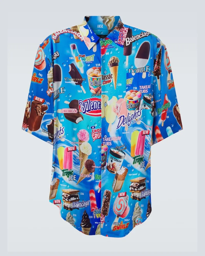 Balenciaga Bedrucktes Hemd aus Satin Blau