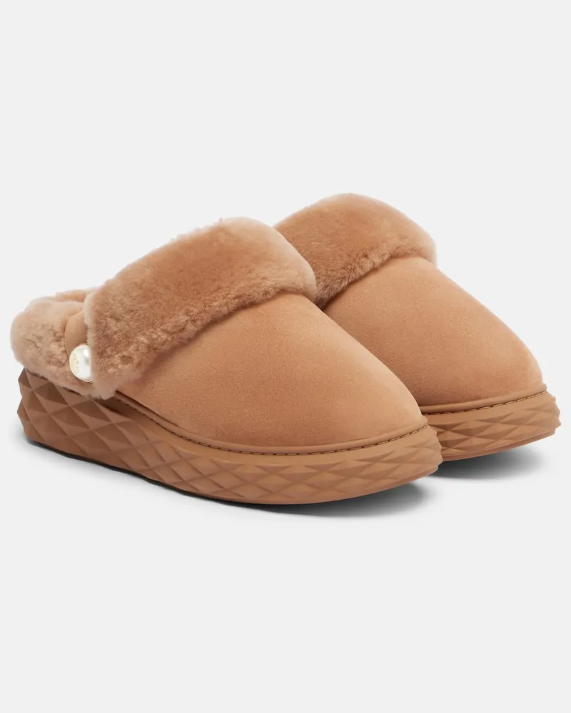 Jimmy Choo Slippers Diamond Maxi Mule F aus Veloursleder Beige
