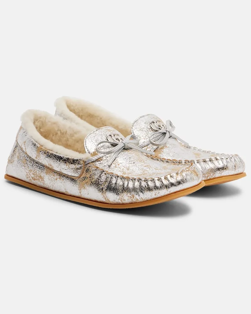 Gucci Mokassins Bonnie Double G aus Metallic-Leder Silber
