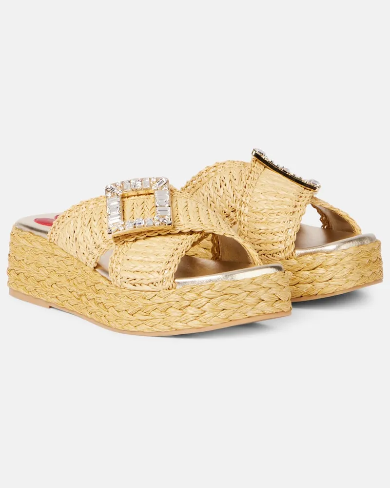 Roger Vivier Verzierte Espadrille-Pantoletten aus Raffiabast Beige