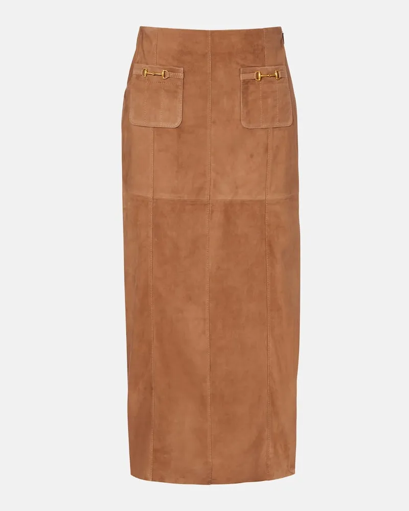 RIXO High-Rise-Maxirock Edwina aus Veloursleder Beige