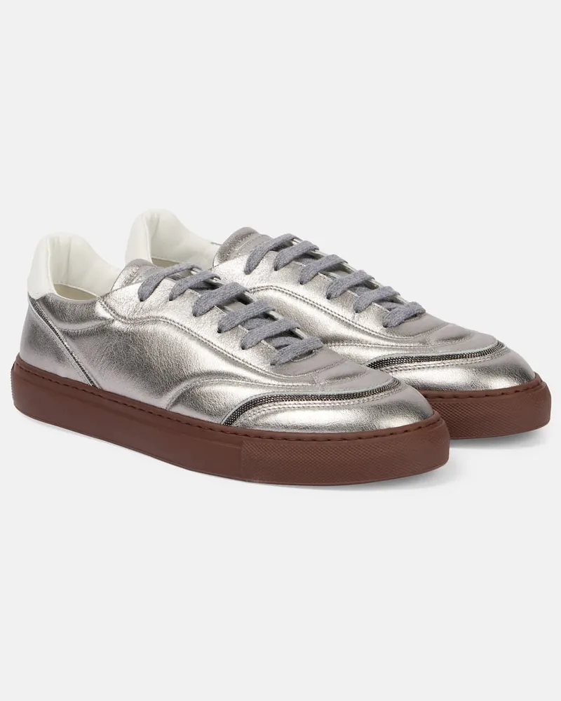 Brunello Cucinelli Sneakers aus Metallic-Leder Silber